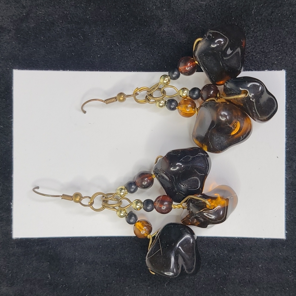 Dangle Earrings Brown Black Chunky Beads Chandelier Eclectic Hippie Style Trend